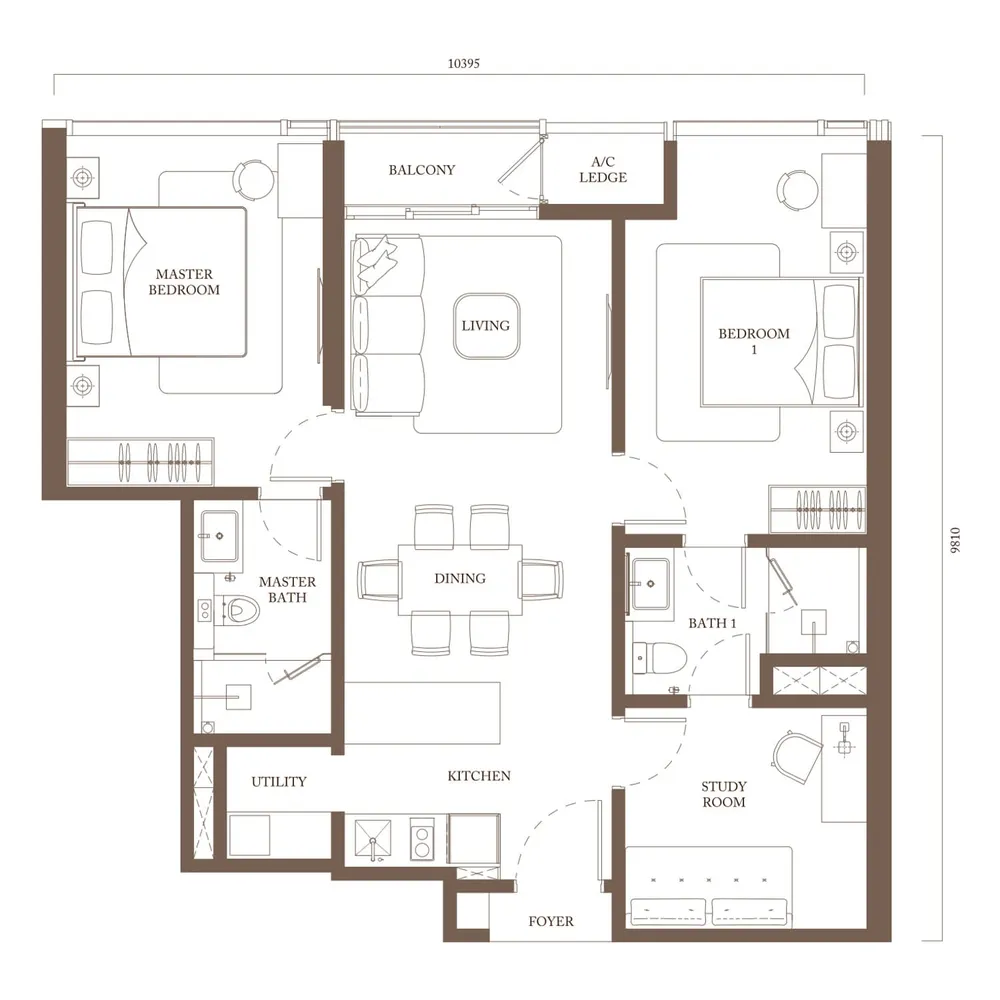 Pavilion Square Type C2 floor plan, 978 sq ft (91 m²)