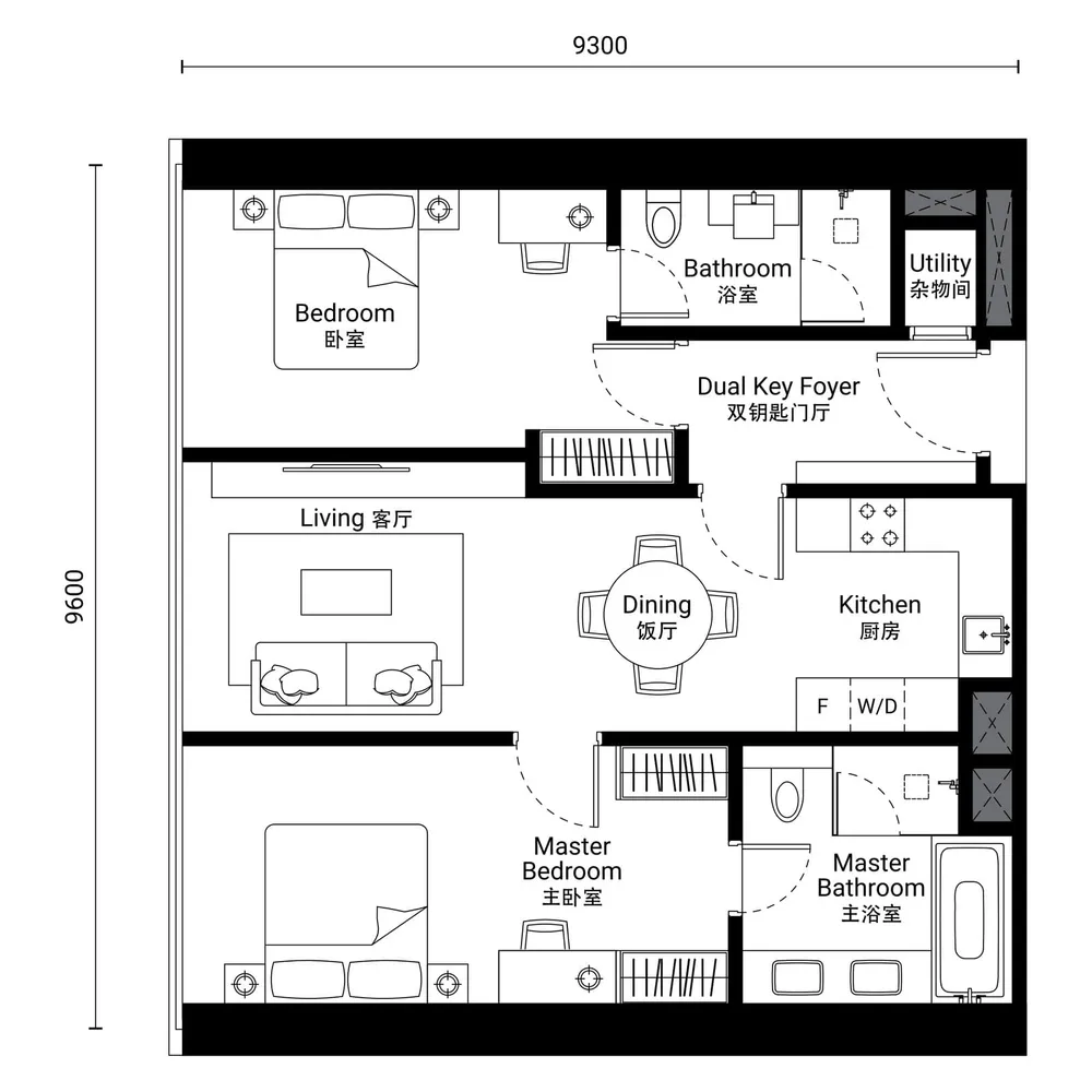 Oxley Towers Tower 1 · Type D-3 floor plan, 956 sq ft (89 m²)