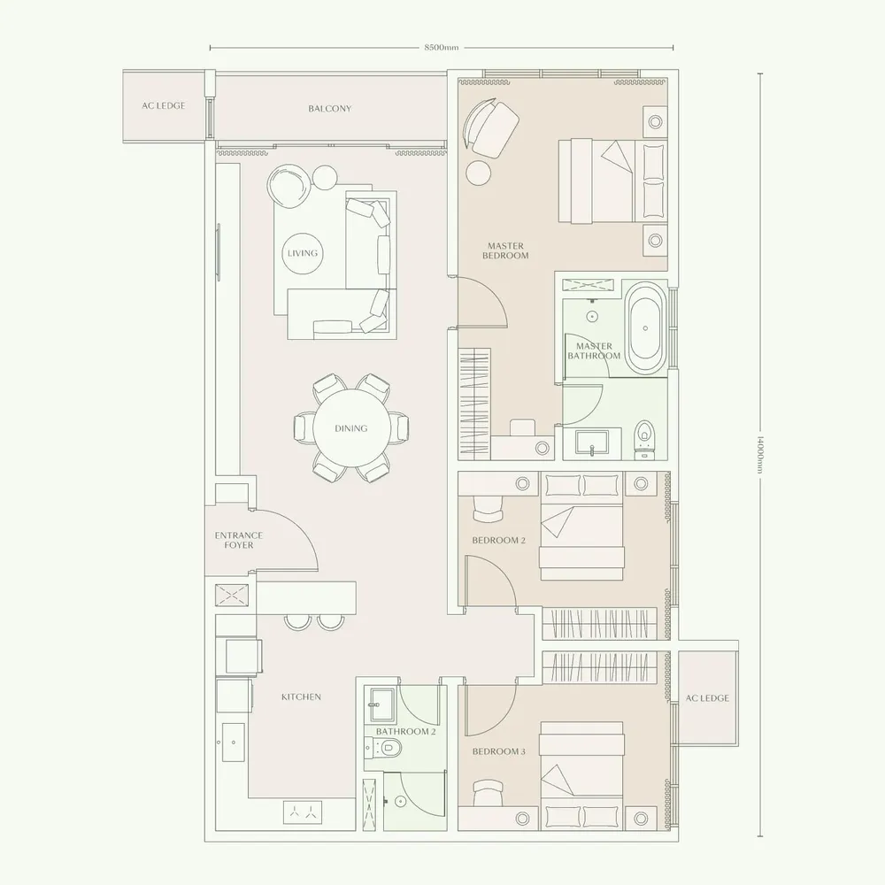 Parkside Residences Type E2 floor plan, 1,325 sq ft (123 m²)