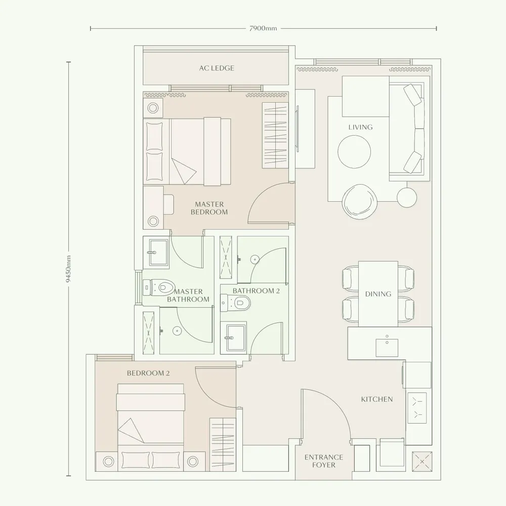 Parkside Residences Type C2 floor plan, 732 sq ft (68 m²)