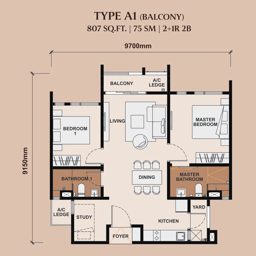 The Queenswoodz Type A1 (balcony) floor plan, 807 sq ft (75 m²)