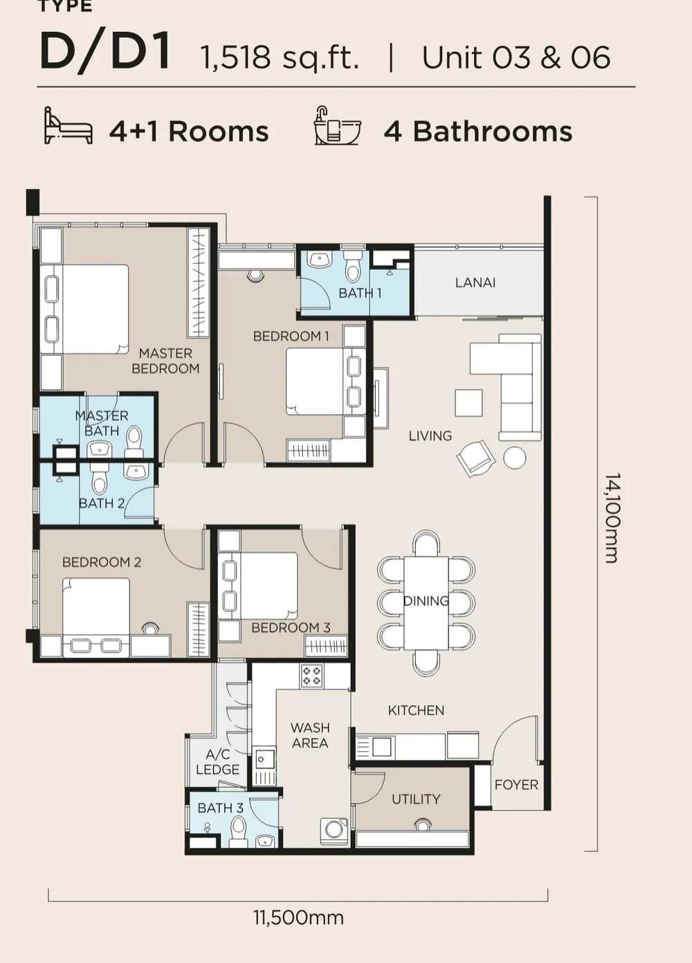 The Atas Type D / D1 floor plan, 1,518 sq ft (141 m²)