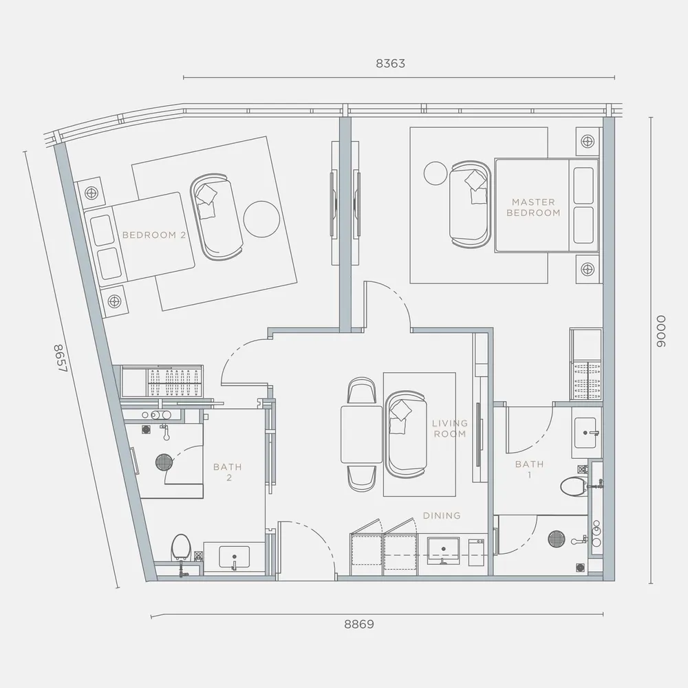 Orion Residence Type C2 corner floor plan, 945 sq ft (88 m²)