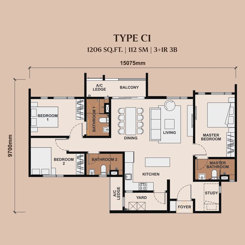 The Queenswoodz Type C1 floor plan, 1,206 sq ft (112 m²)