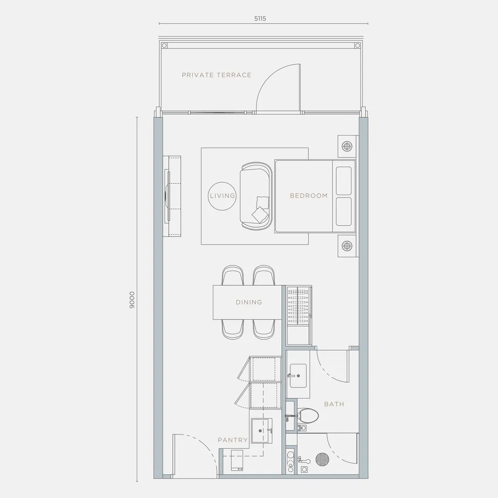 Orion Residence Type A4-T studio with terrace floor plan, 588 sq ft (55 m²)