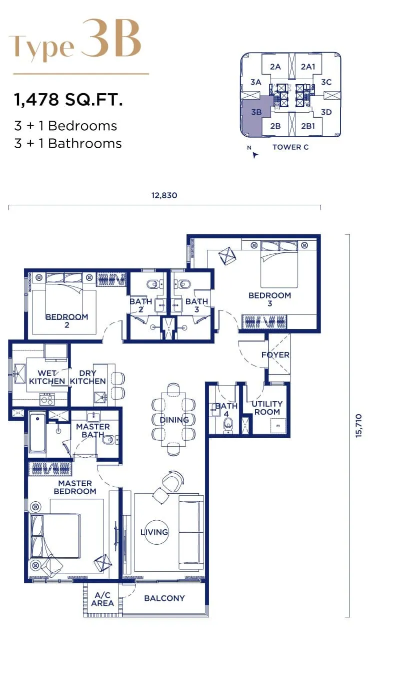 Talisa @ Bangsar Hill Park Type 3B floor plan, 1,478 sq ft (137 m²)