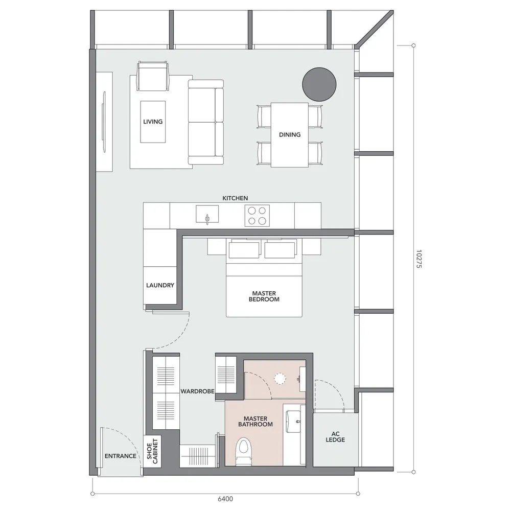 The Conlay Type E1 floor plan, 710 sq ft (66 m²)