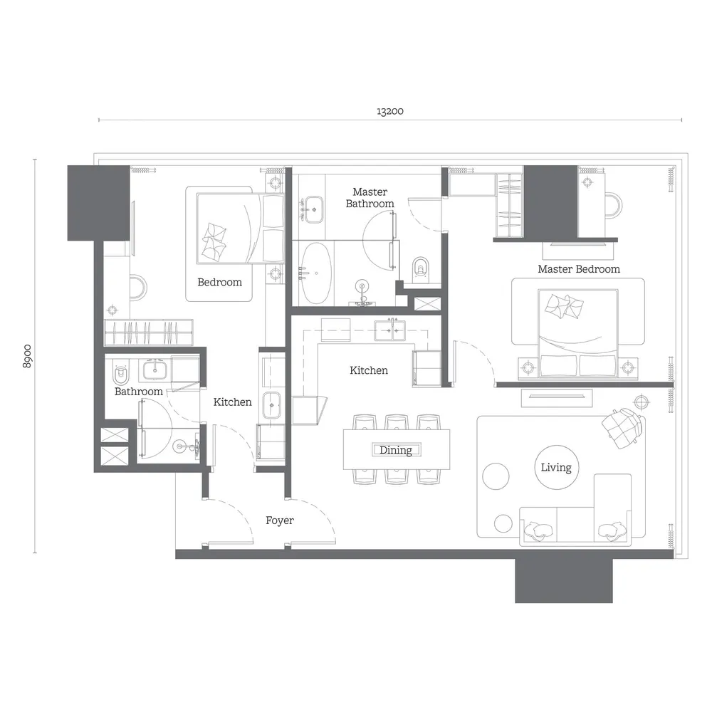 Oxley Towers Tower 2 · Type D1 floor plan, 1,227 sq ft (114 m²)
