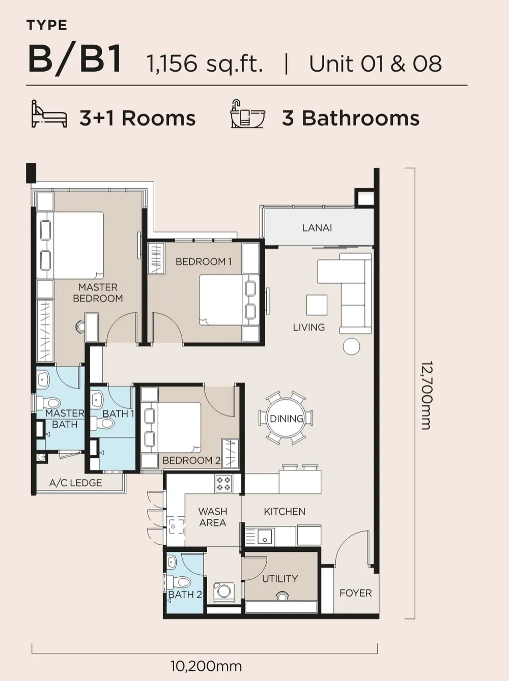 The Atas Type B / B1 floor plan, 1,156 sq ft (107 m²)