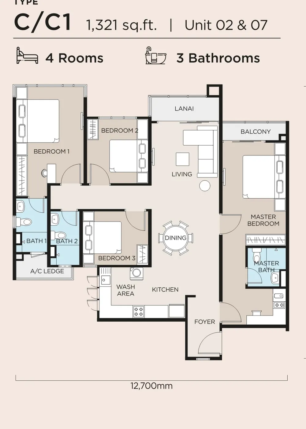 The Atas Type C / C1 floor plan, 1,321 sq ft (123 m²)