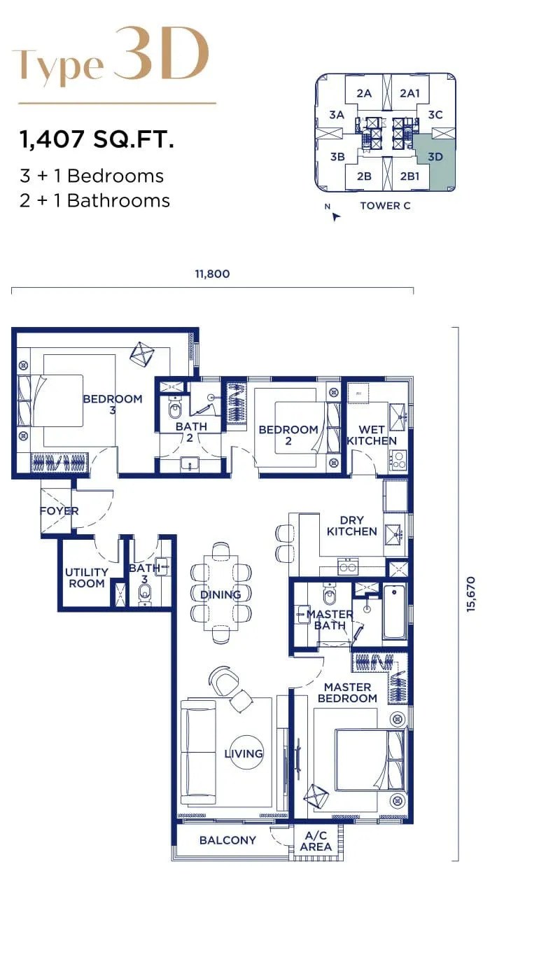 Talisa @ Bangsar Hill Park Type 3D floor plan, 1,407 sq ft (131 m²)
