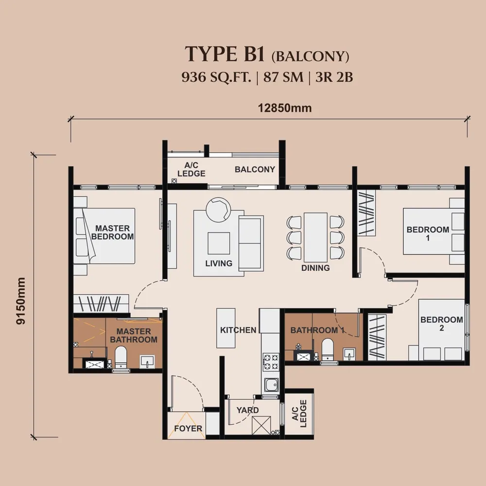 The Queenswoodz Type B1 (balcony) floor plan, 936 sq ft (87 m²)