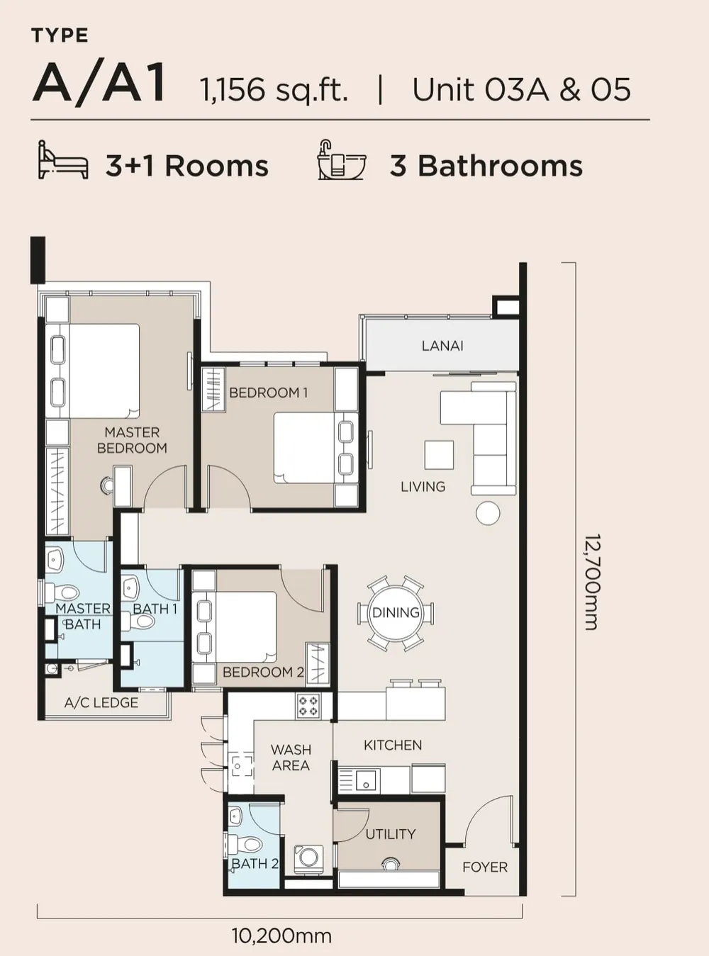 The Atas Type A / A1 floor plan, 1,156 sq ft (107 m²)