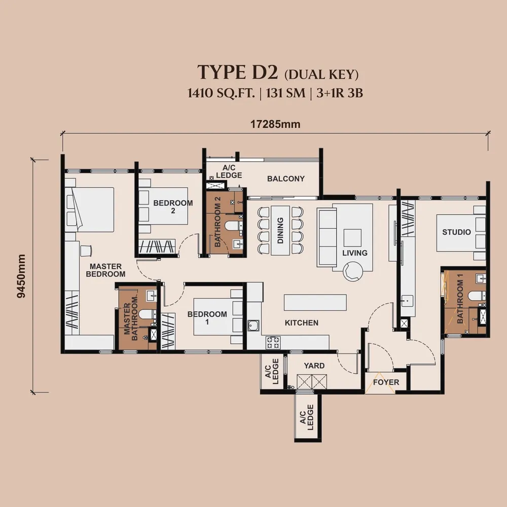 The Queenswoodz Type D2 dual key floor plan, 1,410 sq ft (131 m²)