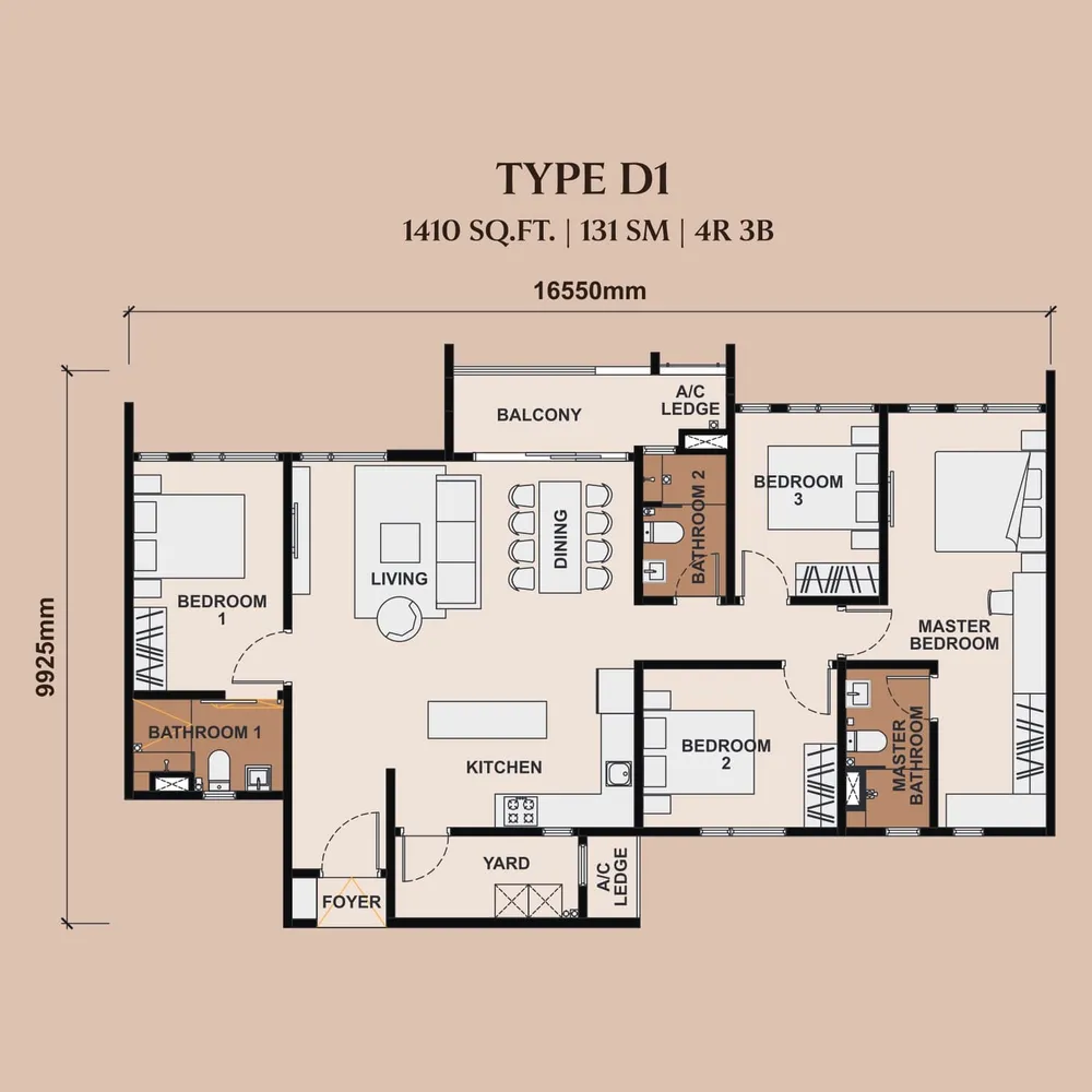 The Queenswoodz Type D1 floor plan, 1,410 sq ft (131 m²)