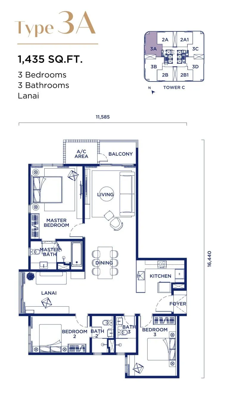 Talisa @ Bangsar Hill Park Type 3A floor plan, 1,435 sq ft (133 m²)