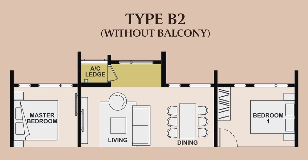 The Queenswoodz Type B2 (no balcony) floor plan, 936 sq ft (87 m²)
