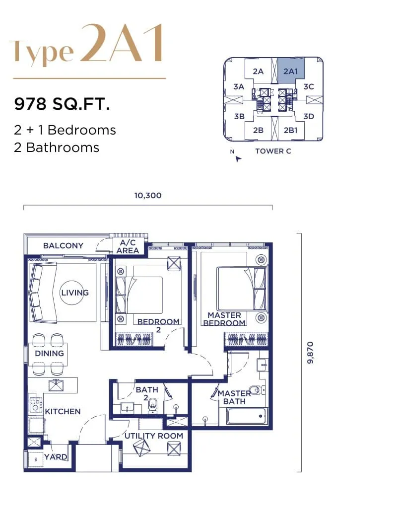 Talisa @ Bangsar Hill Park Type 2A1 floor plan, 978 sq ft (91 m²)
