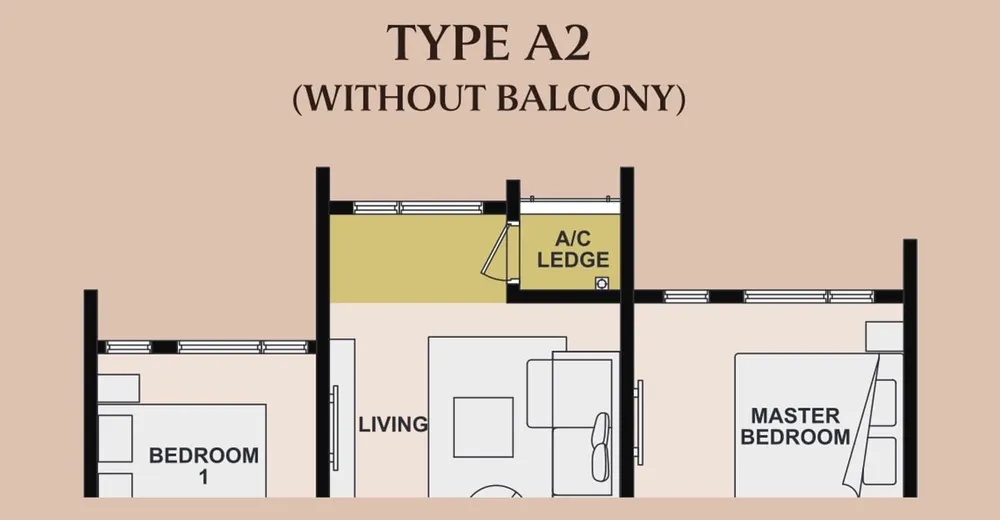 The Queenswoodz Type A2 (no balcony) floor plan, 807 sq ft (75 m²)