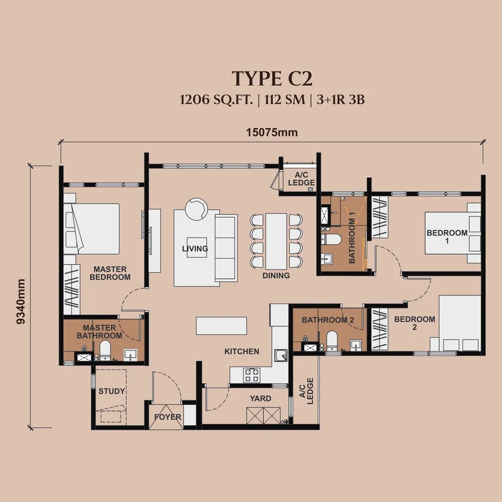 The Queenswoodz Type C2 floor plan, 1,206 sq ft (112 m²)