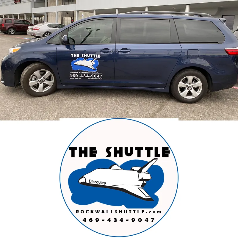 Blue Toyota minivan with The Shuttle logo for point-to-point rides