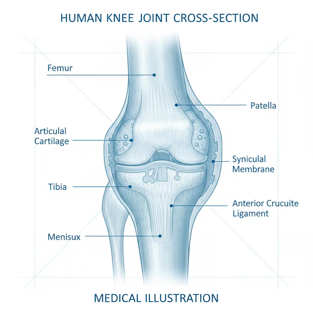Medical illustration of a knee joint cross-section showing the femur, tibia, cartilage, meniscus and synovial membrane