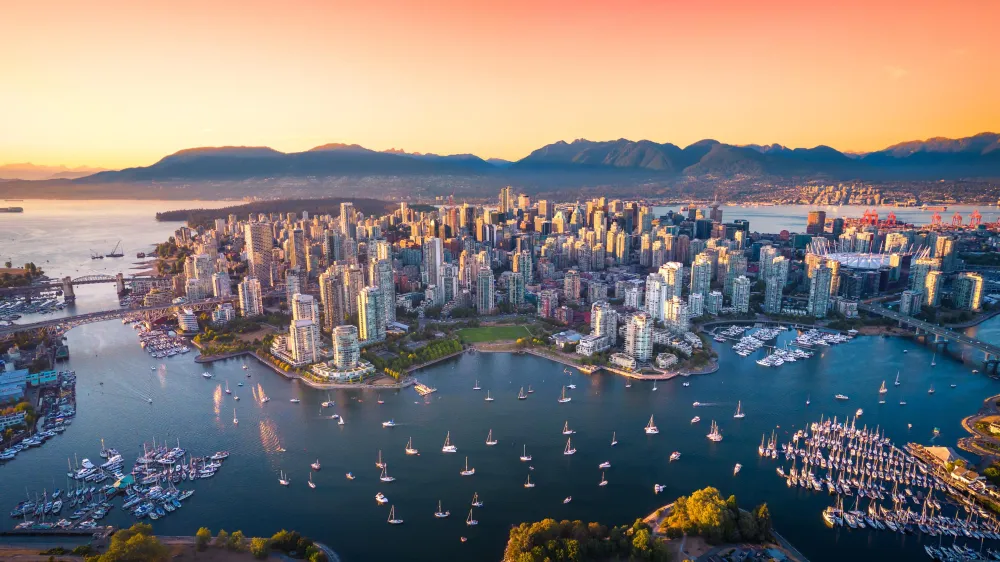 Vancouver skyline and waterfront at sunset