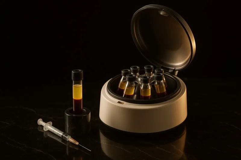 Centrifuge holding PRP tubes beside a prepared syringe