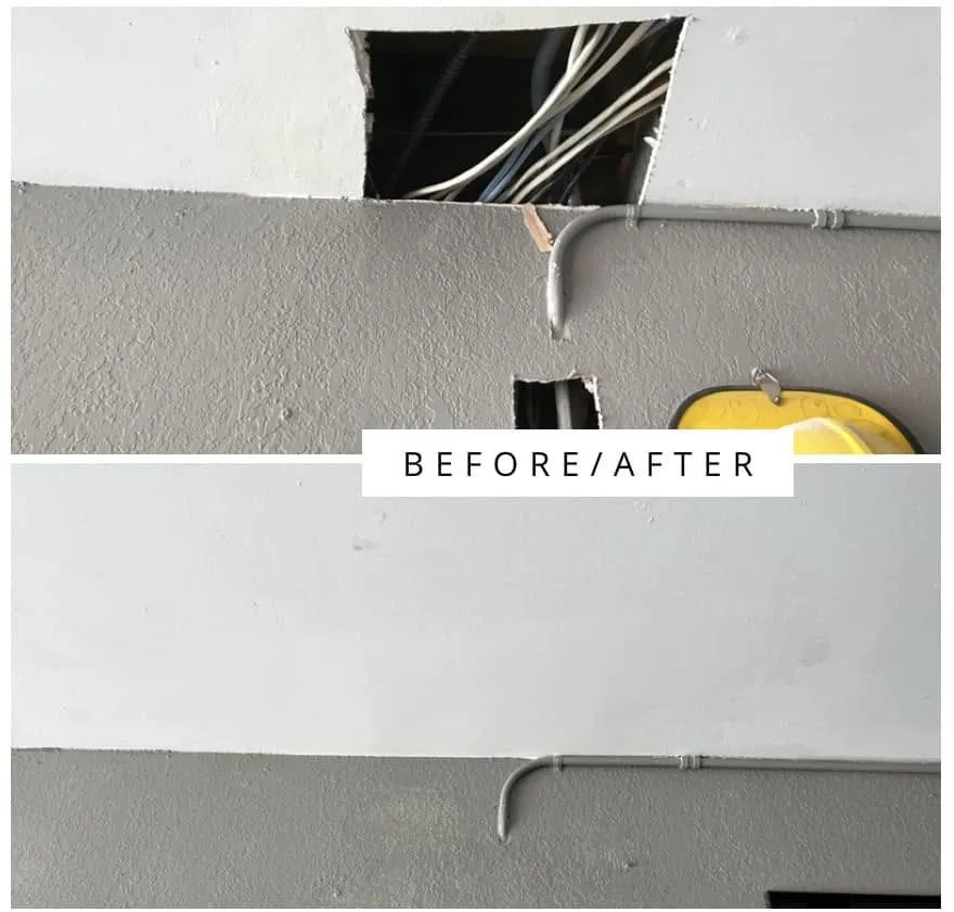 Before and after of a ceiling opening closed up and painted