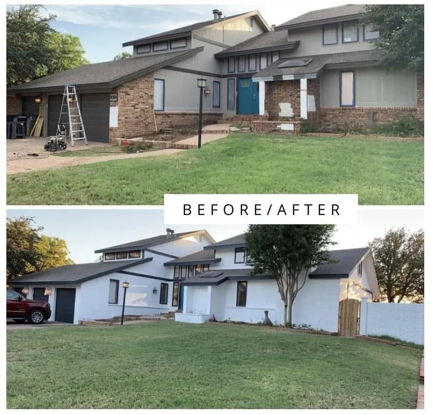 Before and after of a two-story home repainted from gray to white