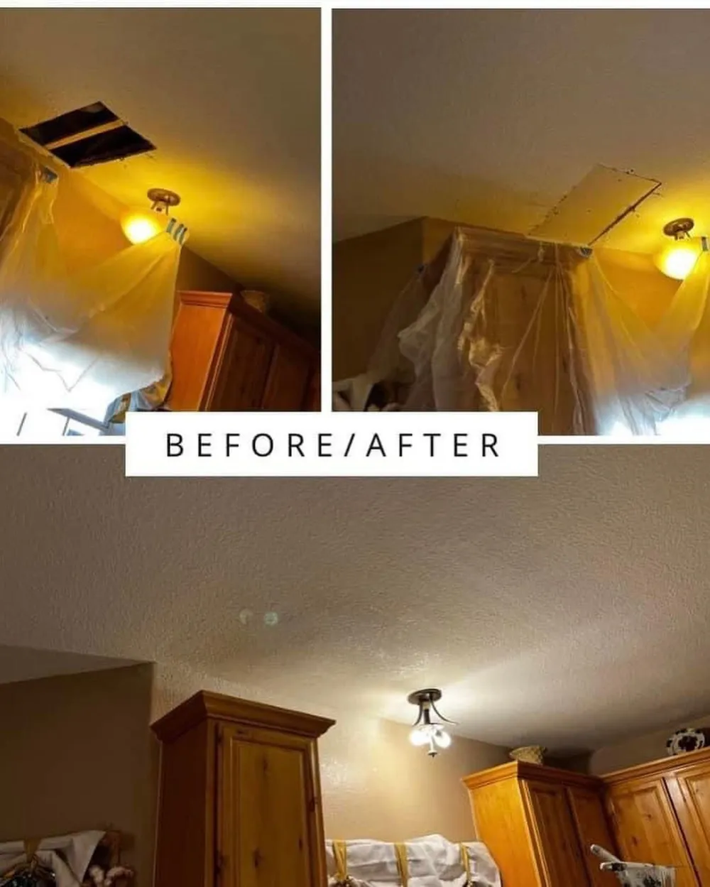 Before and after of a bedroom ceiling opening patched and finished