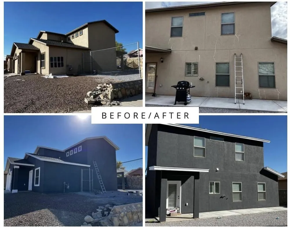 Before and after of a stucco home repainted from tan to charcoal gray