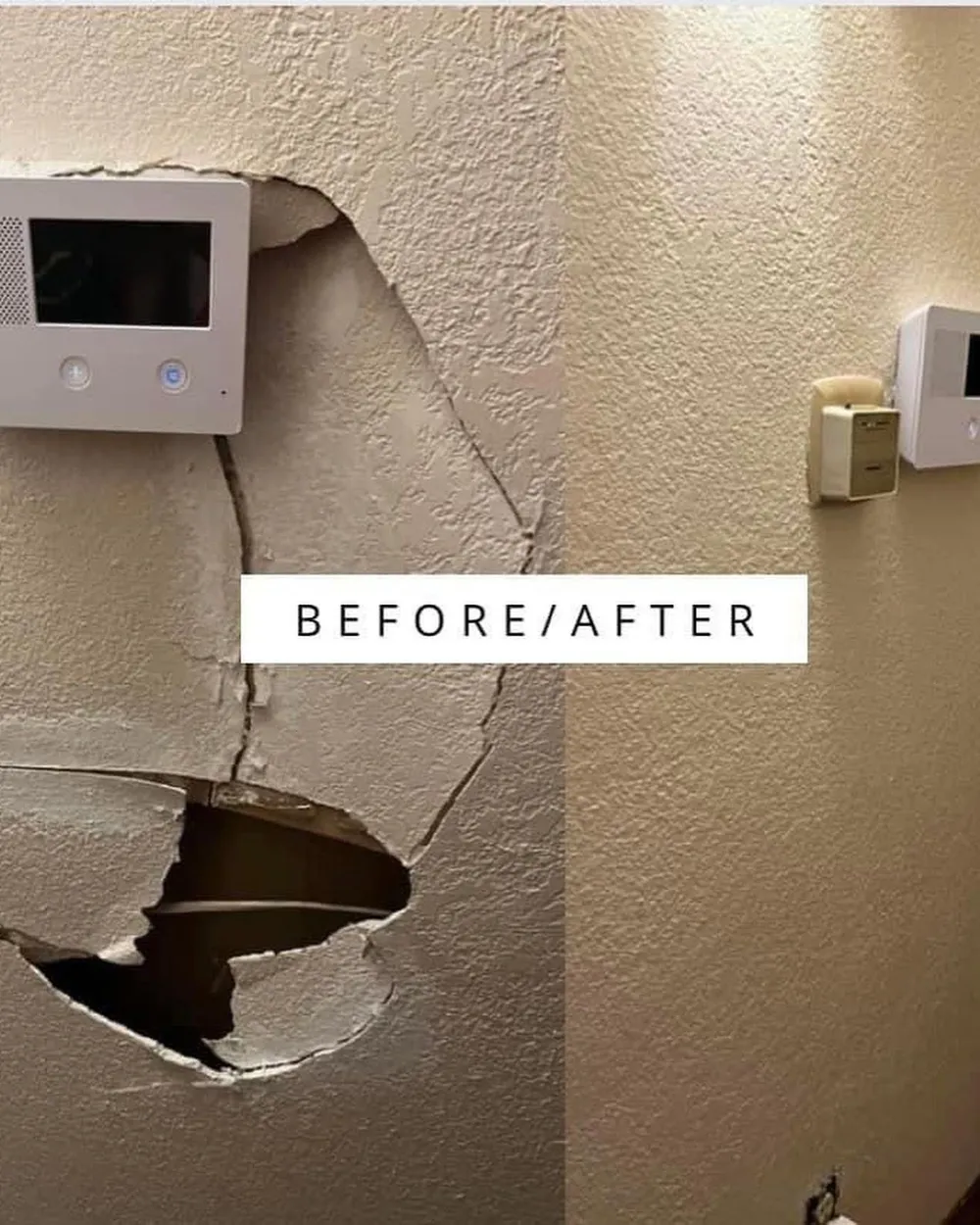 Before and after of a hole in a textured wall repaired with matching texture