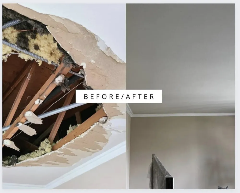 Before and after of a collapsed ceiling repaired and painted