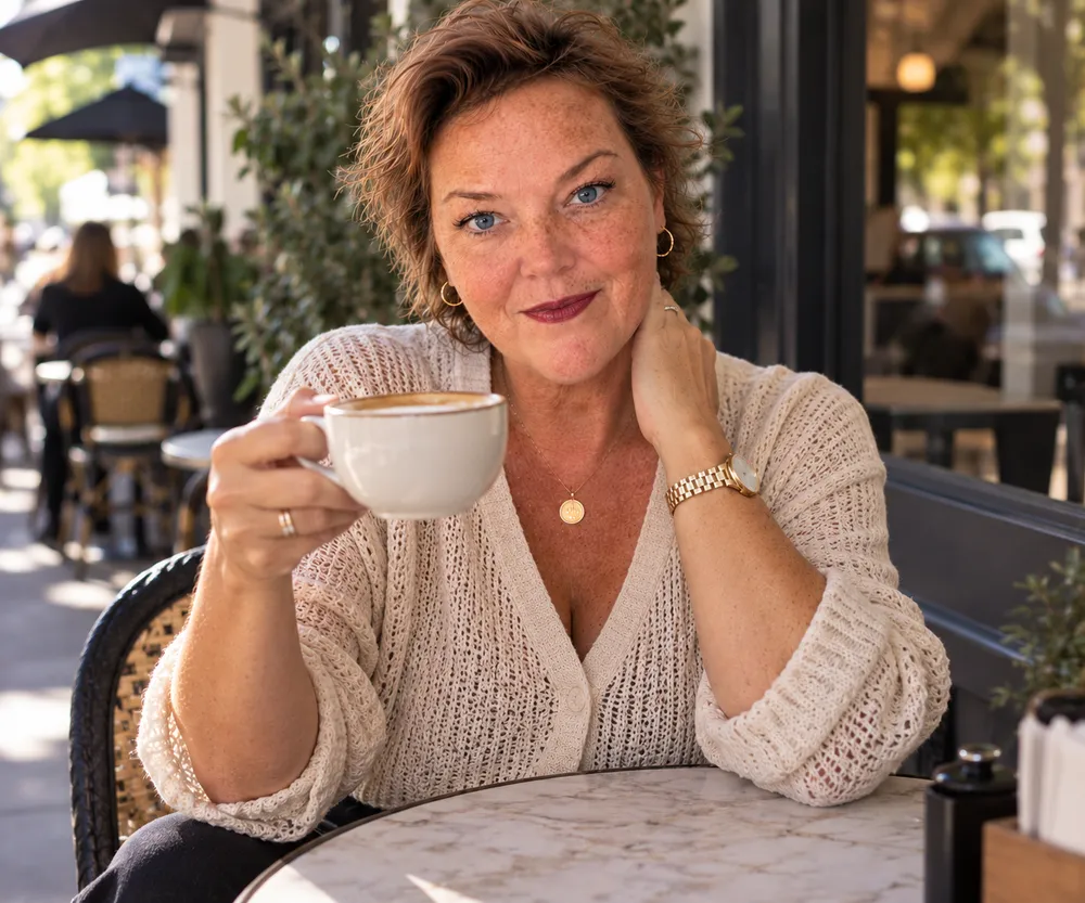 Donna Valdes smiling over a cup of coffee