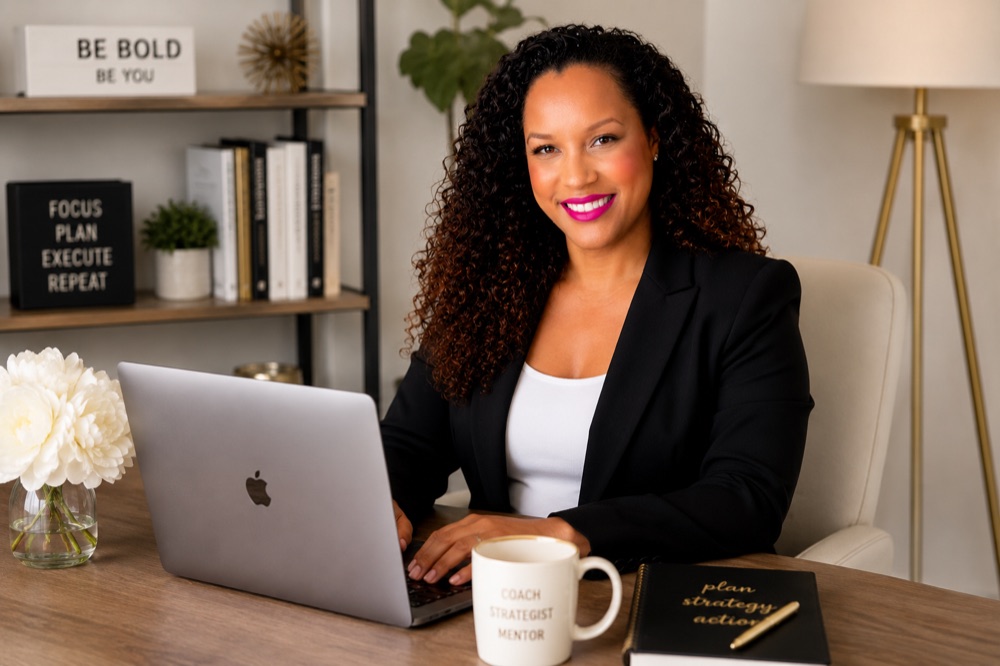 Starr Codd at her desk with a laptop and a Coach Strategist Mentor mug