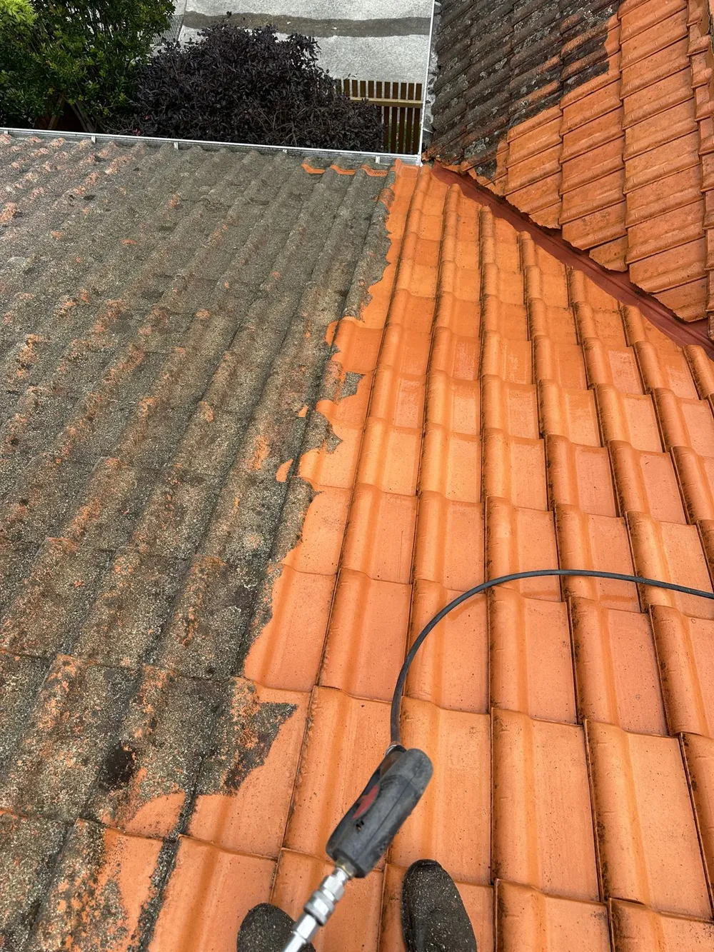 Terracotta roof tiles halfway through cleaning, mossy tiles beside clean ones