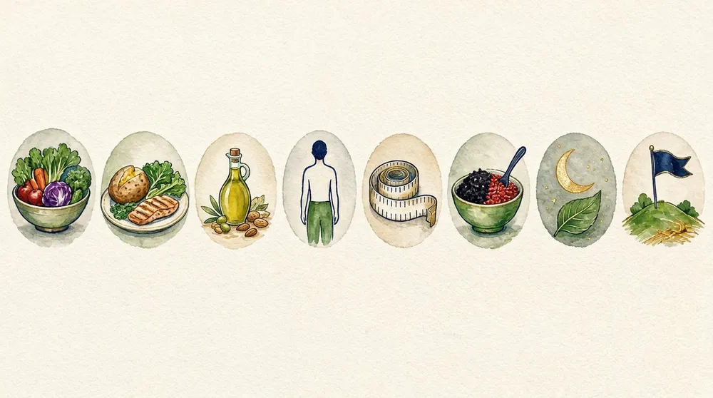 Eight small hand-drawn icons: a vegetable bowl, a plate of chicken and greens, olive oil and nuts, a standing figure, a tape measure, red and black rice, a moon over a leaf and a flag on a hill