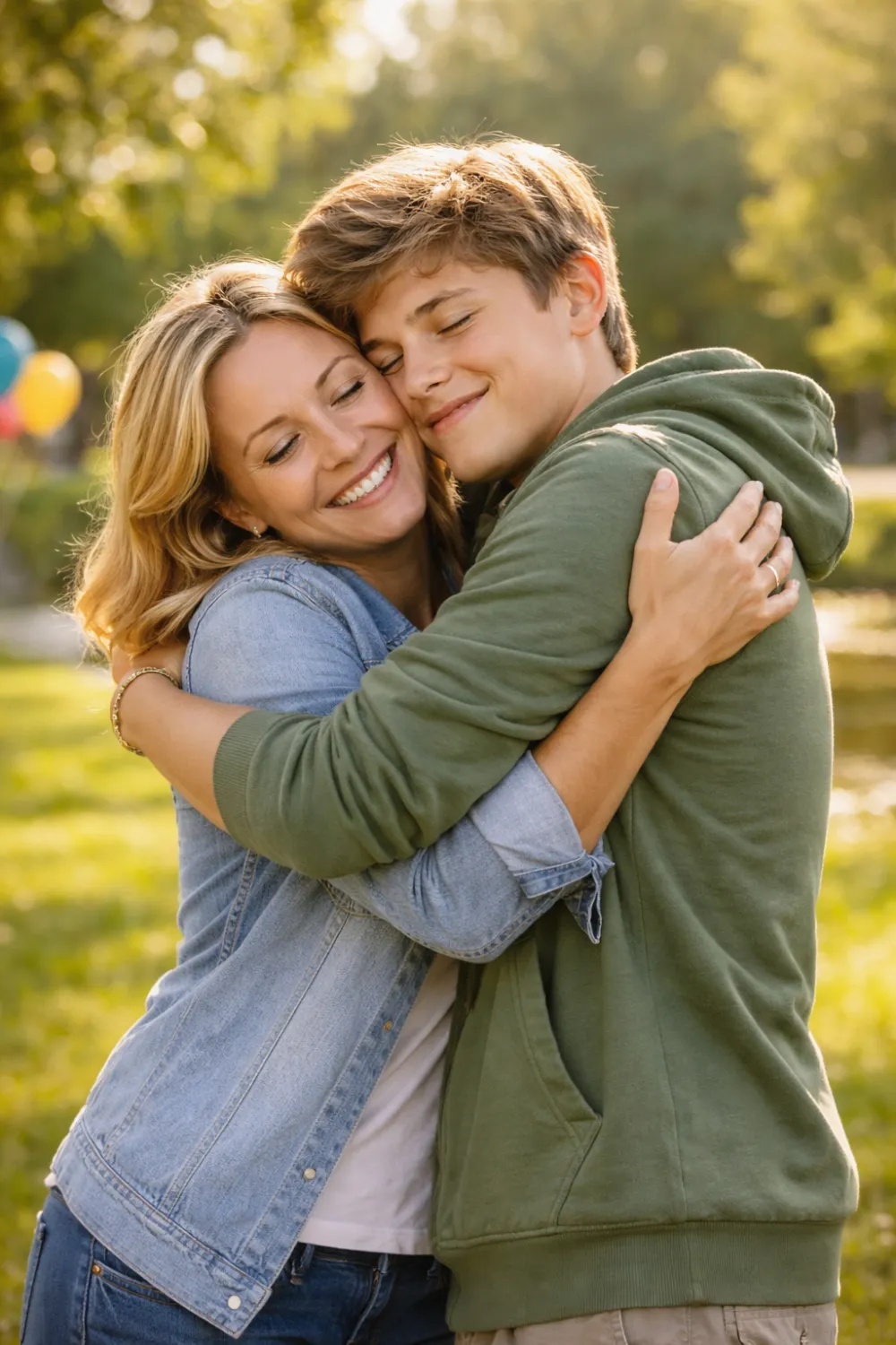 A mother and her teenage son embracing outdoors