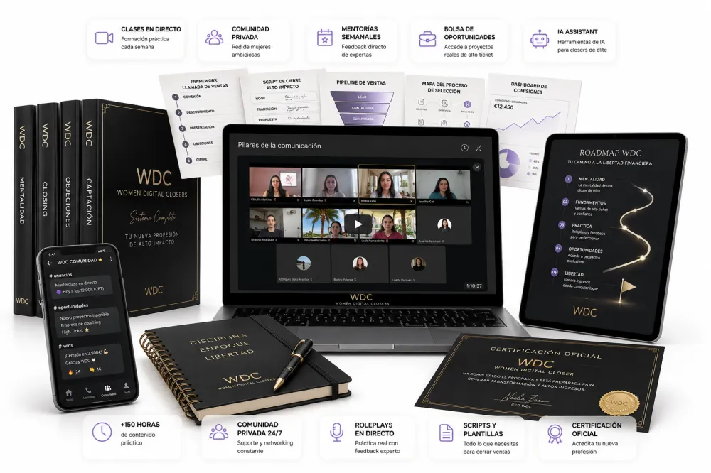 Mockup del programa Women Digital Closers — incluye libros WDC, comunidad en app, clases en directo, roadmap, certificación y recursos descargables