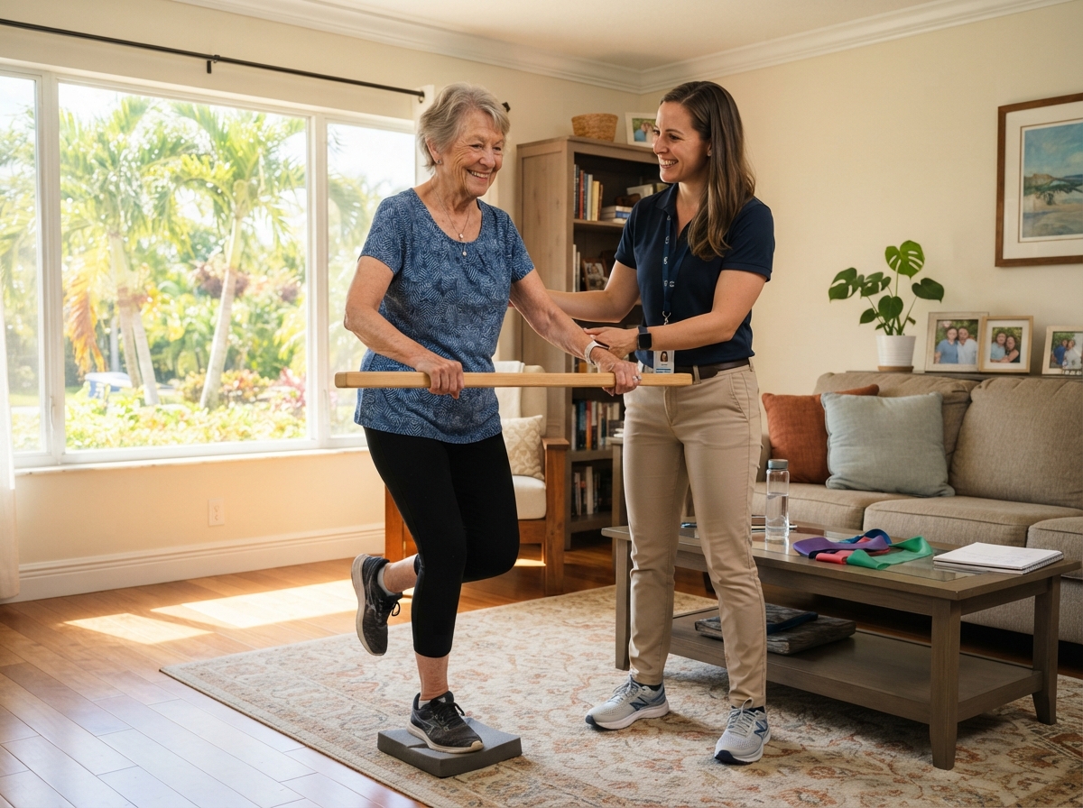 Physical therapist guiding a senior through balance exercises at home in Lighthouse Point
