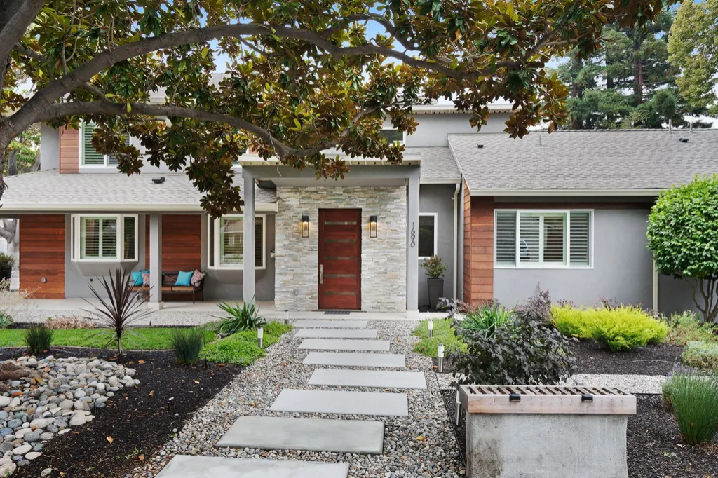 Stone path leading to the front door of a Palo Alto home