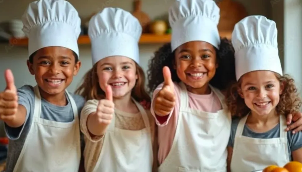 Kids in chef hats giving a thumbs up at a team event