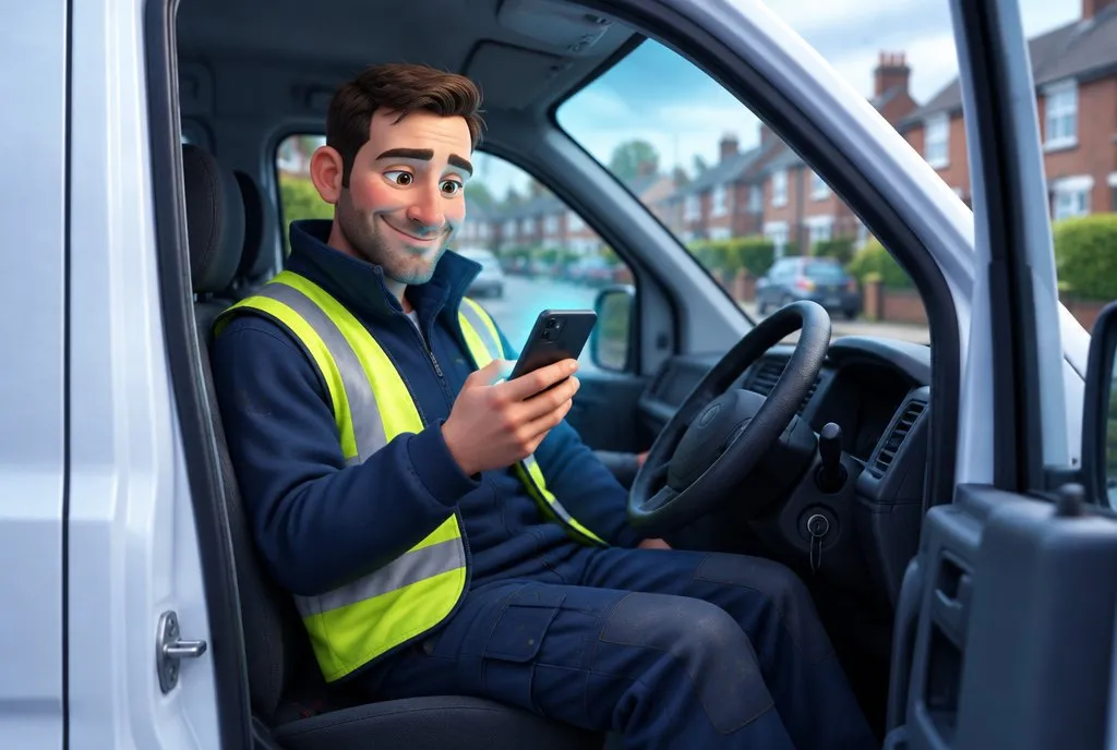 Dan grinning at a new review notification on his phone in his van