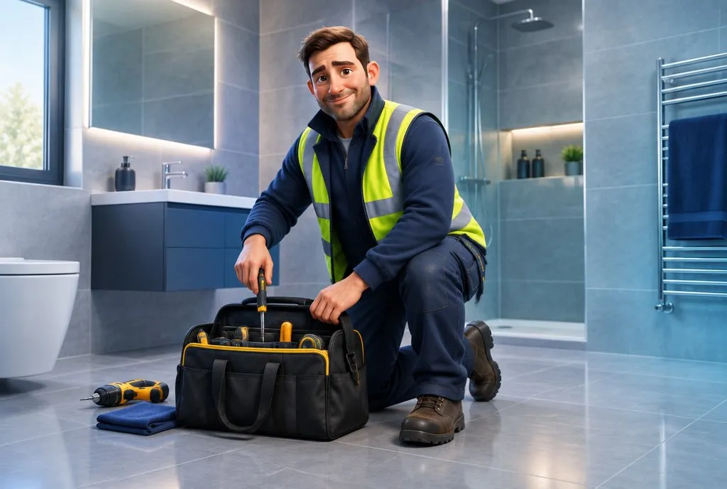 Dan packing away his tools in a freshly finished bathroom