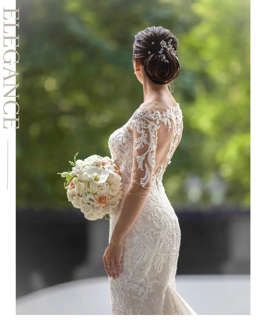 Mariée en robe de dentelle tenant un bouquet blanc et rose poudré