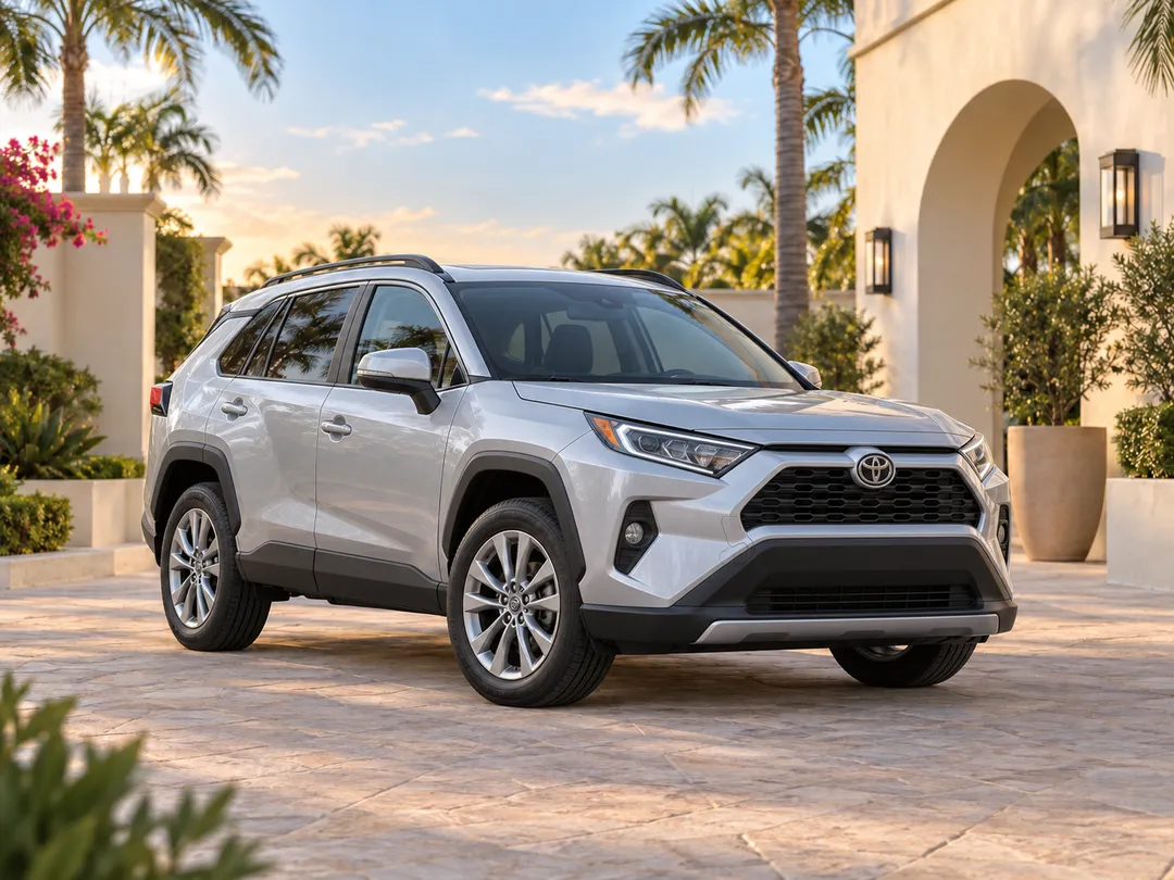 AI-generated silver Toyota RAV4 in a palm-lined courtyard; illustrative, not current inventory