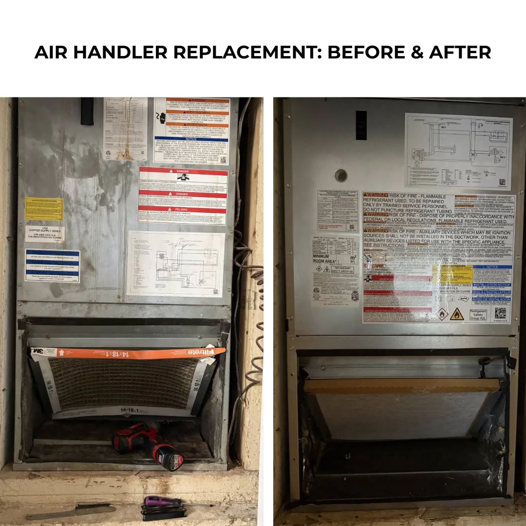 Before and after: old air handler replaced with a new air handler in the same closet