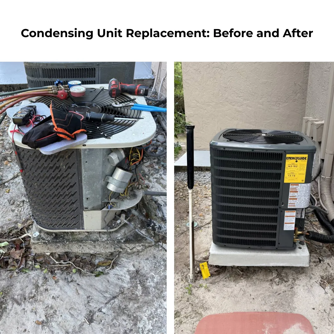 New condensing unit installed by Baez & Son on a fresh pad beside a stucco home