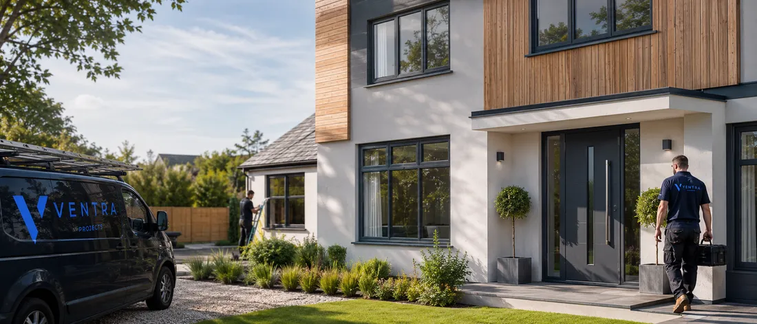 Ventra Projects van and team member outside a finished home